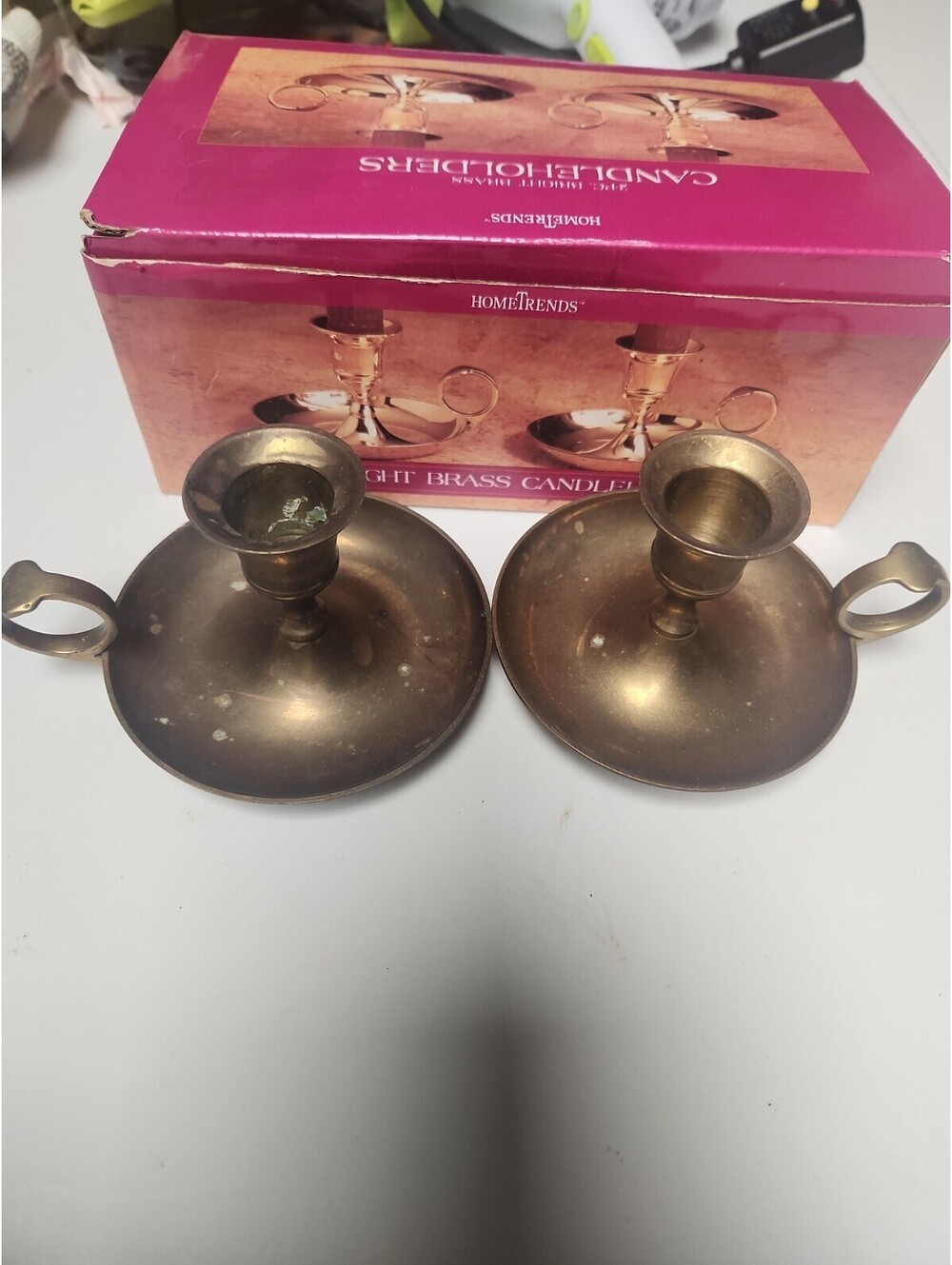 Set Of 2 Vintage Brass Candle Holders with Handles and Finger Loops With Box